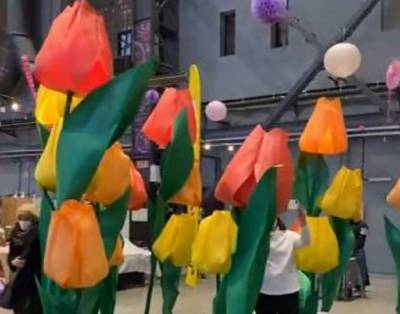 Жительницам Петербурга подарили 3-метровые тюльпаны
