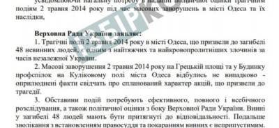 Рада зарегистрировала проект постановления о событиях 2 мая в Одессе