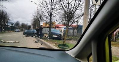 У Фридландских ворот Hyundai врезался в дерево после столкновения с BMW (фото)
