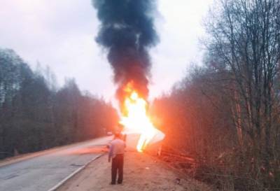 В Тверской области грузовик загорелся после опрокидывания в кювет