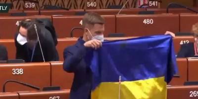 Алексей Гончаренко принес в ПАСЕ флаг Украины с Донбасса - скандал с нардепом растиражировали в РФ - ТЕЛЕГРАФ