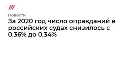 За 2020 год число оправданий в российских судах снизилось с 0,36% до 0,34%