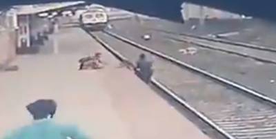 В Индии в Мумбаи мужчина поднял ребенка на железнодорожную платформу за секунду до прибытия поезда - видео - ТЕЛЕГРАФ