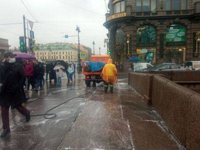 В Петербурге перед акцией протеста в дождь моют тротуары