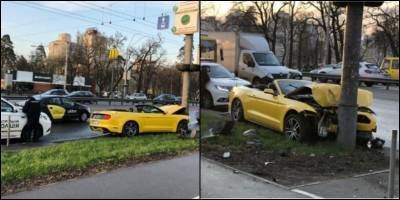 Киев ДТП на Победы 21.04.2021 - парень разбил о столб взятый в аренду желтый кабриолет Ford Mustang, фото - ТЕЛЕГРАФ