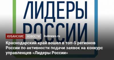 Краснодарский край вошел в топ-5 регионов России по активности подачи заявок на конкурс управленцев «Лидеры России»