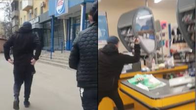 В Мариуполе мужчина топором разгромил супермаркет, защищая жену: видео 18+
