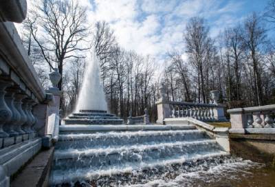 Фото: «Петергоф» показал заснеженные фонтаны в апреле