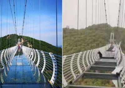 В Китае турист из-за урагана застрял на мосту с прозрачным полом