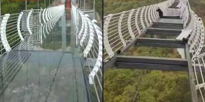 В Китае на одном из мостов ветром унесло несколько плит стеклянного пола оставив мужчину болтаться посреди него - ТЕЛЕГРАФ