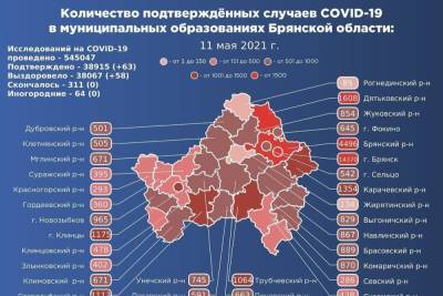 В Брянской области подтвердились 63 новых заражения коронавирусом