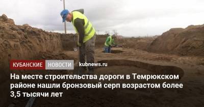 На месте строительства дороги в Темрюкском районе нашли бронзовый серп возрастом более 3,5 тысячи лет