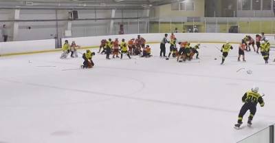 В ход пошли даже клюшки: 13-летние хоккеисты устроили массовую драку на льду