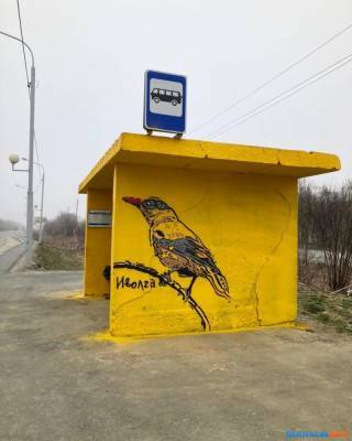 Сахалинский художник "посадил" птичек на остановки в Ново-Александровске