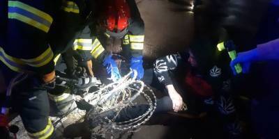 В Киеве на Метрологической мужчина запутался в колючей проволоке, его ночью освобождали спасатели - фото - ТЕЛЕГРАФ