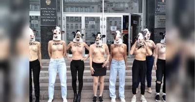 «Досить нас доїти»: у Москві дівчата роздяглися біля будівлі Мінсільгоспу на захист корів