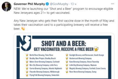 Жителям Нью-Джерси обещали бесплатное пиво за прививку от COVID-19