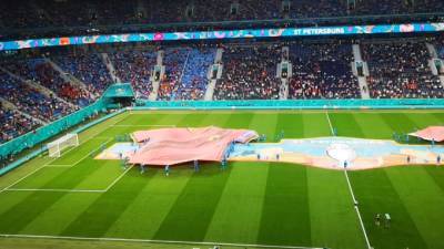 Перед матчем между Россией и Бельгией на поле появились гигантские футболки
