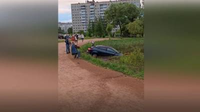 Легковушка заплыла в пруд у метро "Проспект Просвещения"