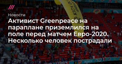 Активист Greenpeace на параплане приземлился на поле перед матчем Евро-2020. Несколько человек пострадали