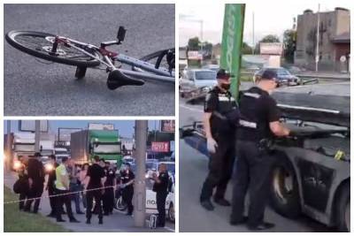 Пешеход толкнул велосипедиста под колеса грузовика: кадры трагического ДТП в Киеве