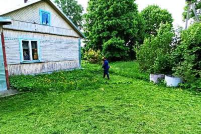 Псковские конвоиры помогли пенсионерке скосить траву во дворе