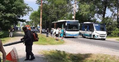 В Калининграде вылетевший из-под газонокосилки коммунальщиков камень разбил стекло автобуса (фото)