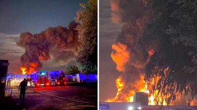 Мощнейший пожар на складе воронежского предприятия сняли на видео с высоты