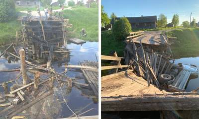 В Карелии загорелся мост, разрушенный самосвалом