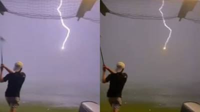 Невозможно! Молния ударила в летящий мяч для гольфа (Видео)