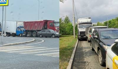 Из-за дождей и скользкой дороги в Тюмени водители грузовиков собирают паровозики