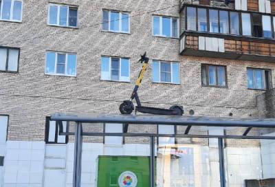 Парковка года: в Петербурге оставили электросамокат на крыше остановки