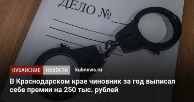 В Краснодарском крае чиновник за год выписал себе премии на 250 тыс. рублей