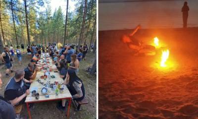 Сотни байкеров устроили вечеринку с кострами и фаер-шоу, когда в Карелии полыхают леса
