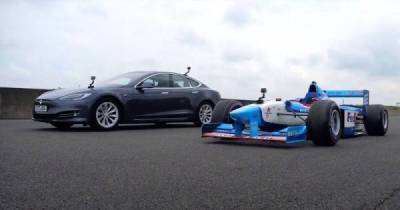 Герхард Бергер - Tesla Model S сразилась в драг-рейсинге со старым болидом Формулы 1 - skuke.net - Интересно