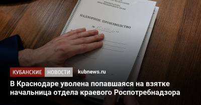 В Краснодаре уволена попавшаяся на взятке начальница отдела краевого Роспотребнадзора