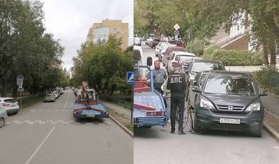 В центре Тюмени на Свердлова сотрудники ГИБДД эвакуировали шесть машин