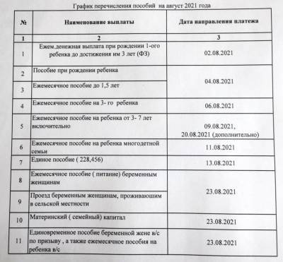 Центр выплат опубликовал график перечисления пособий семьям с детьми в августе 2021 года