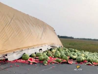 Перевернувшаяся в смертельном ДТП фура с арбузами перекрыла трассу под Новосибирском