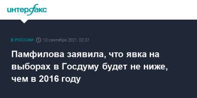 Памфилова заявила, что явка на выборах в Госдуму будет не ниже, чем в 2016 году