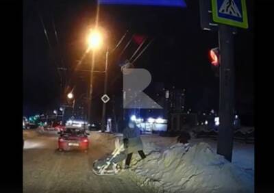 В Рязани сняли на видео, как женщина с ребенком пытается пройти через заваленный снегом пешеходный переход