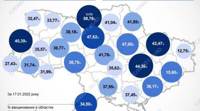 Карта вакцинации: ситуация в областях Украины на 18 января