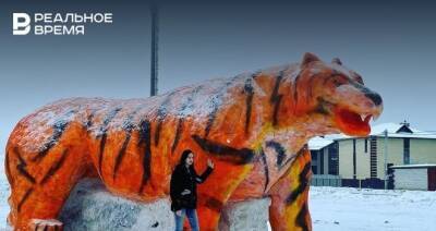 В Зеленодольске слепили снежного тигра длиной 9 метров