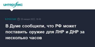В Думе сообщили, что РФ может поставить оружие для ЛНР и ДНР за несколько часов