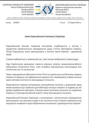 Европейский конгресс украинцев о деле против Порошенко: есть признаки выборочного правосудия