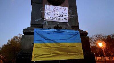 Александровскую колонну в парке Шевченко украсили флагом и плакатом