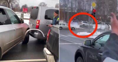 ВИДЕО: в Плявниеках BMW X5 попал в аварию, попытался уехать и создал новую аварийную ситуацию