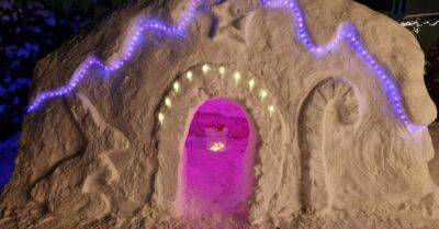 ФОТО. Мифический зверь, чайный домик и гигантский торт: Как Витис Ласис создает в собственном дворе невероятные скульптуры из снега и льда