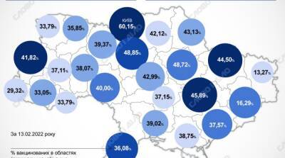 Карта вакцинации: ситуация в областях Украины на 14 февраля