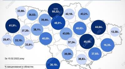Карта вакцинации: ситуация в областях Украины на 16 февраля